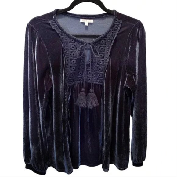 Kate & Sam Velvet Boho Lace Crochet Tassel Long Sleeve Blouse - Large - Picture 1 of 5